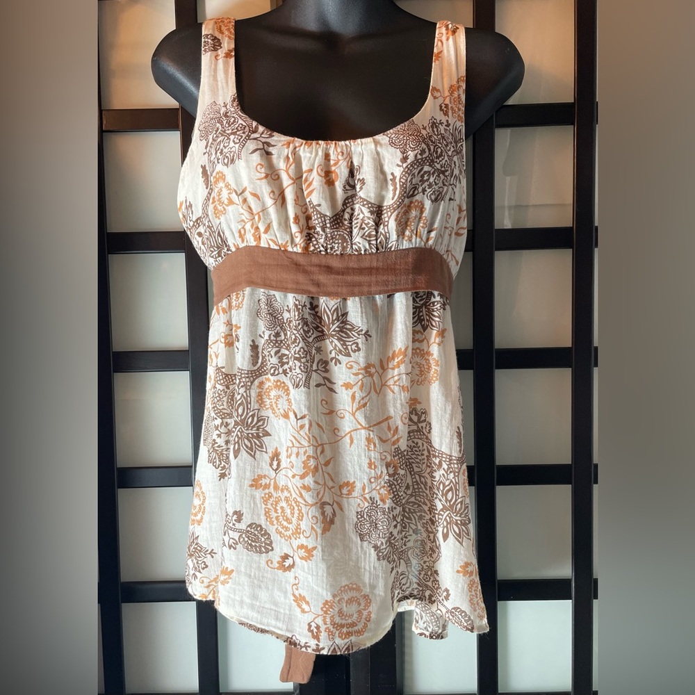Neutral Brown Back Tie Boho Tank Top | Size Large